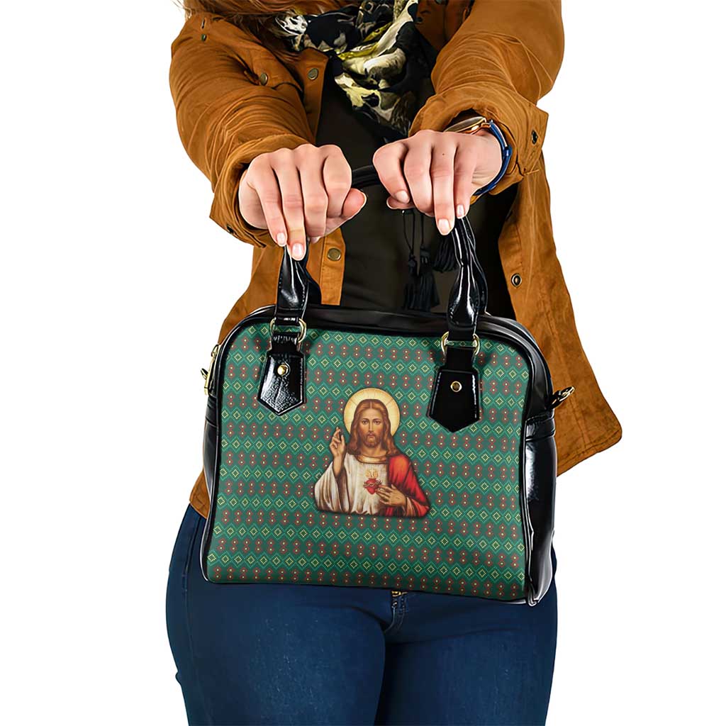 Sacred Heart Jesus Christmas Shoulder Handbag with Festive Green Knit Pattern - Wonder Print Shop