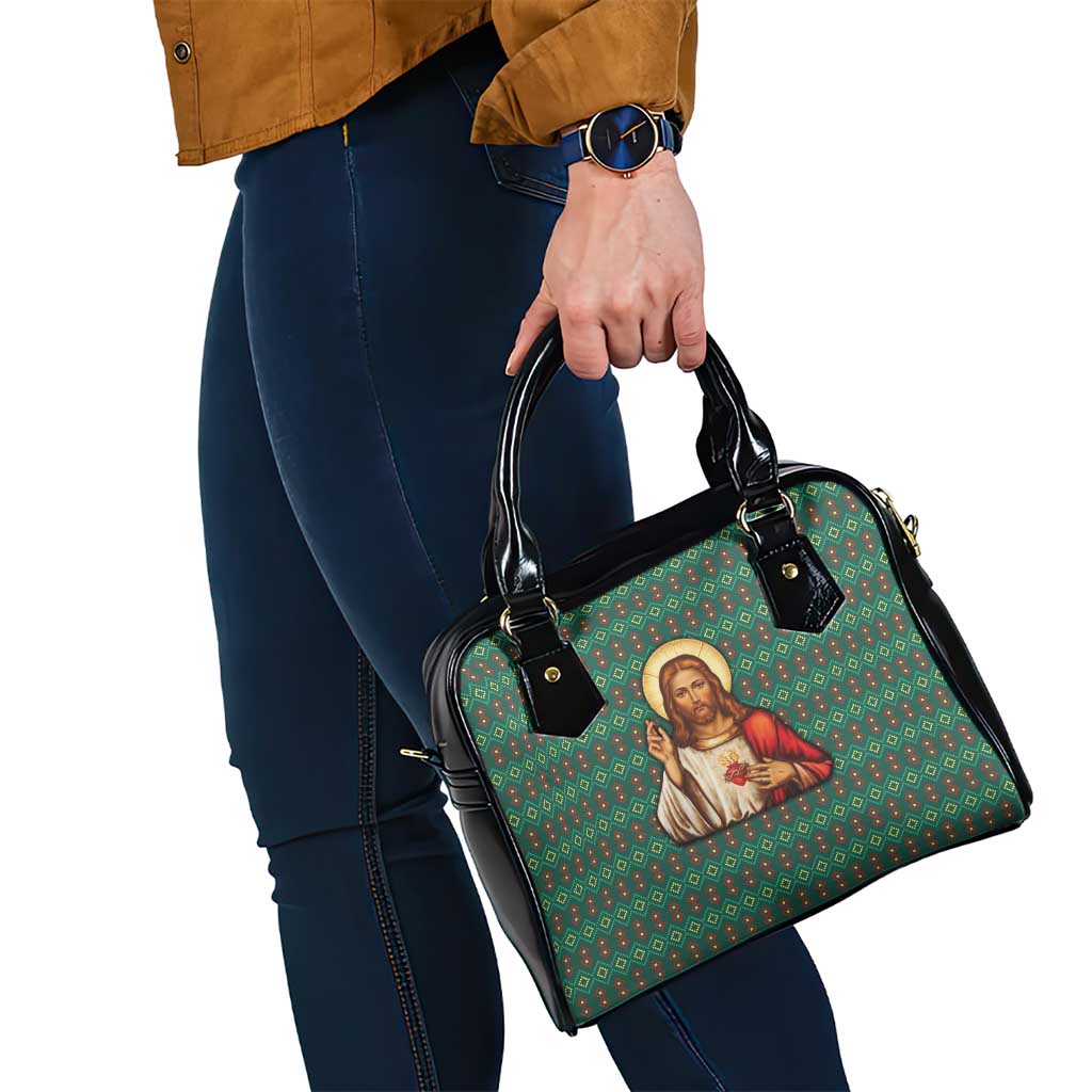 Sacred Heart Jesus Christmas Shoulder Handbag with Festive Green Knit Pattern - Wonder Print Shop