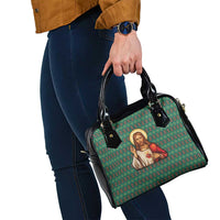 Sacred Heart Jesus Christmas Shoulder Handbag with Festive Green Knit Pattern - Wonder Print Shop