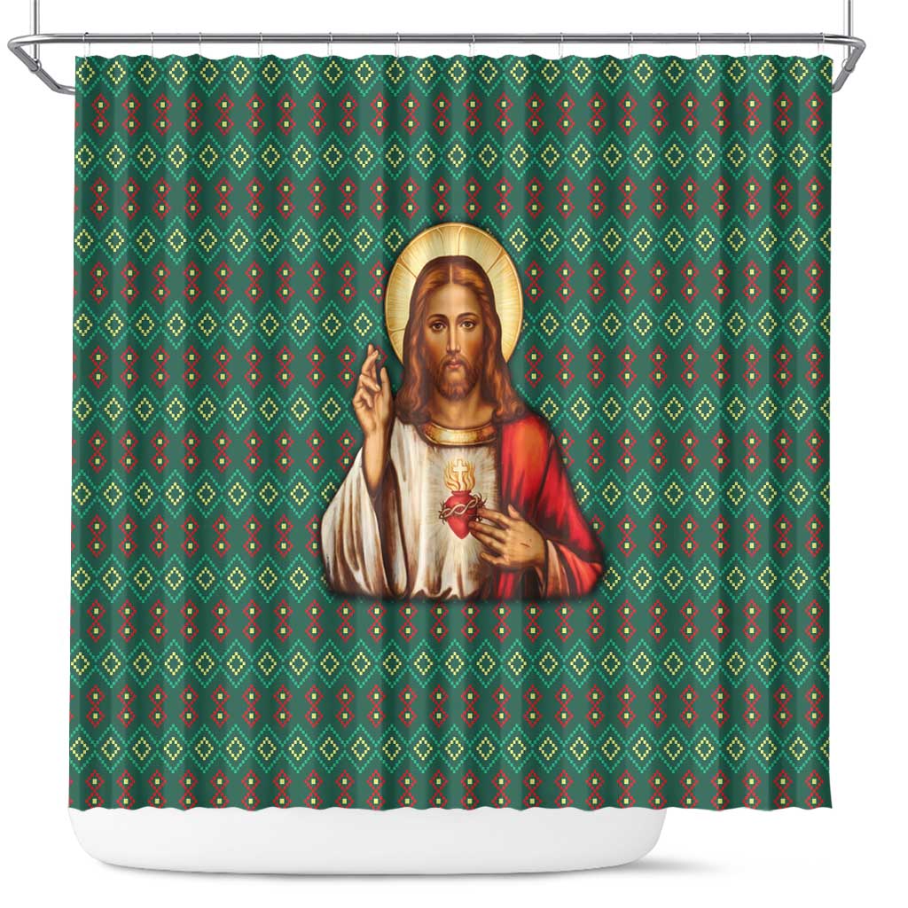 Sacred Heart Jesus Christmas Shower Curtain with Festive Green Knit Pattern - Wonder Print Shop