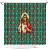 Sacred Heart Jesus Christmas Shower Curtain with Festive Green Knit Pattern - Wonder Print Shop