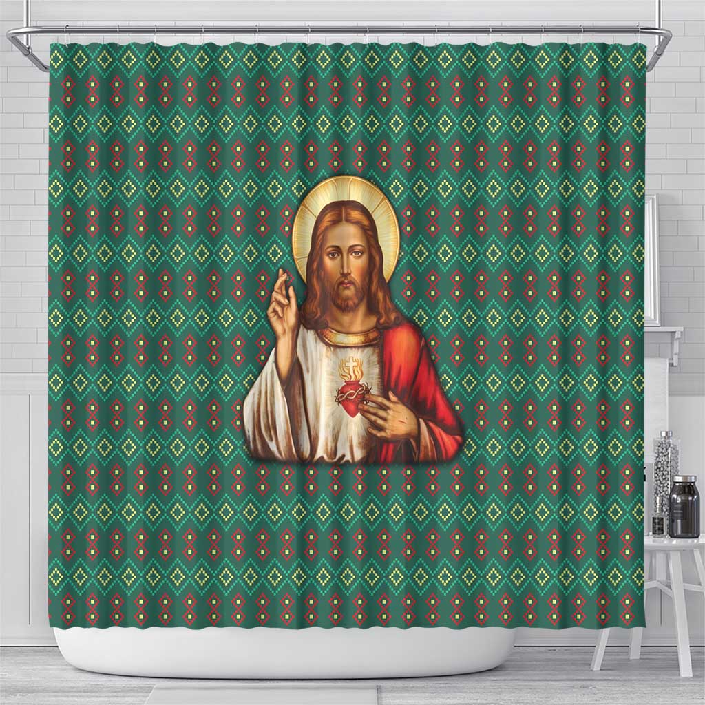 Sacred Heart Jesus Christmas Shower Curtain with Festive Green Knit Pattern - Wonder Print Shop