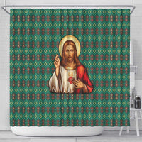 Sacred Heart Jesus Christmas Shower Curtain with Festive Green Knit Pattern - Wonder Print Shop