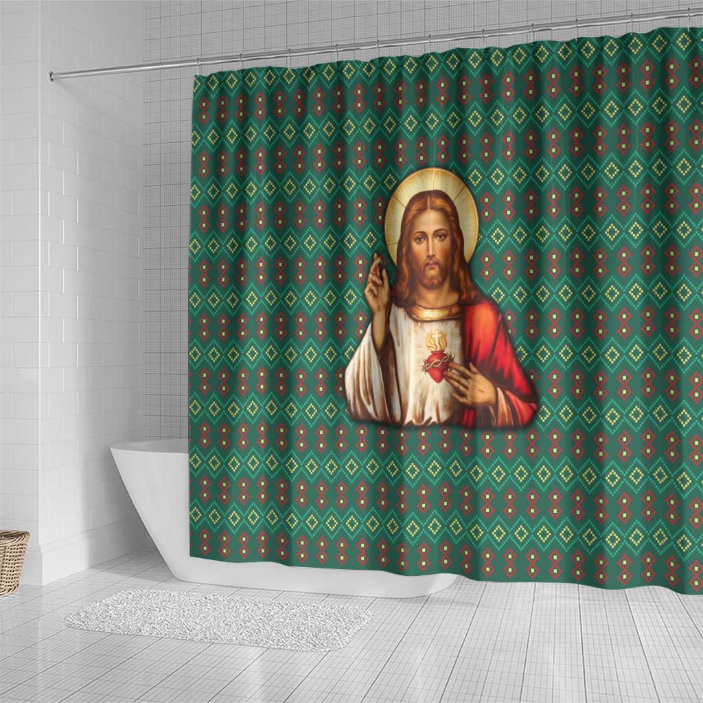 Sacred Heart Jesus Christmas Shower Curtain with Festive Green Knit Pattern - Wonder Print Shop