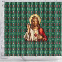 Sacred Heart Jesus Christmas Shower Curtain with Festive Green Knit Pattern - Wonder Print Shop