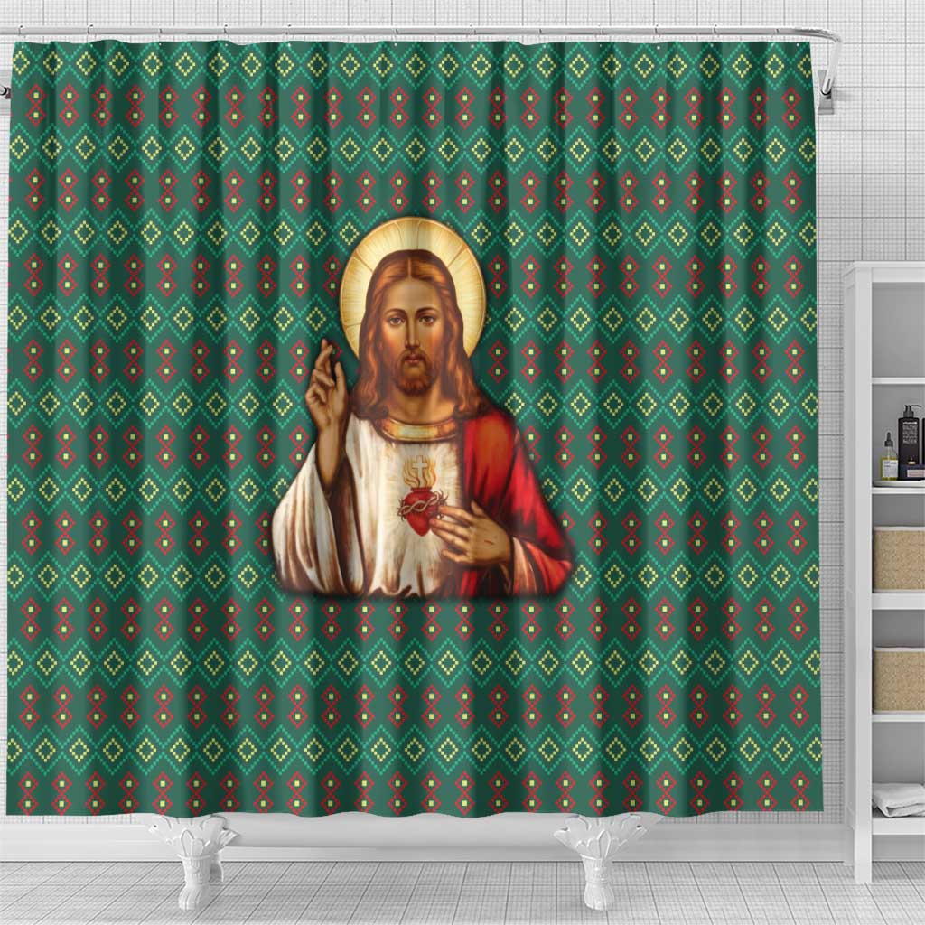 Sacred Heart Jesus Christmas Shower Curtain with Festive Green Knit Pattern - Wonder Print Shop