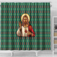 Sacred Heart Jesus Christmas Shower Curtain with Festive Green Knit Pattern - Wonder Print Shop
