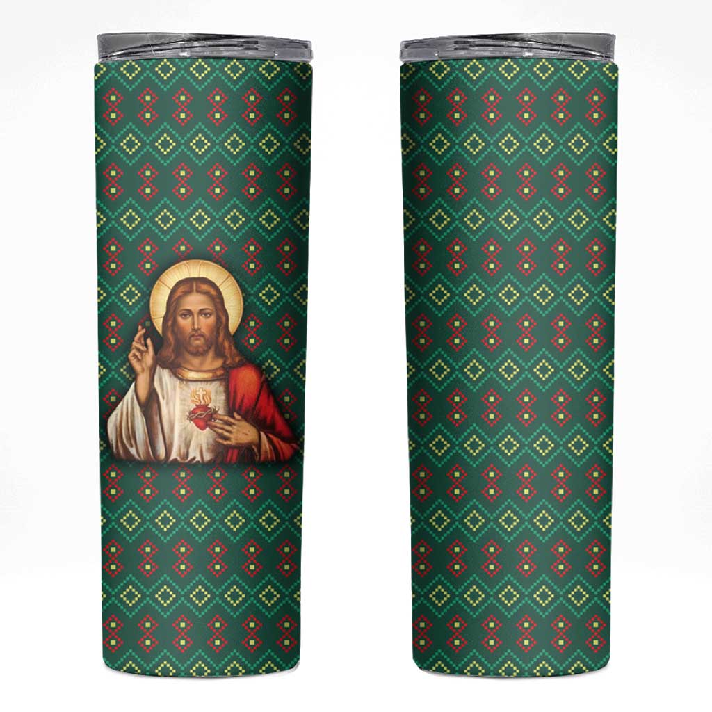 Sacred Heart Jesus Christmas Skinny Tumbler with Festive Green Knit Pattern - Wonder Print Shop
