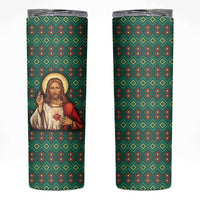 Sacred Heart Jesus Christmas Skinny Tumbler with Festive Green Knit Pattern - Wonder Print Shop