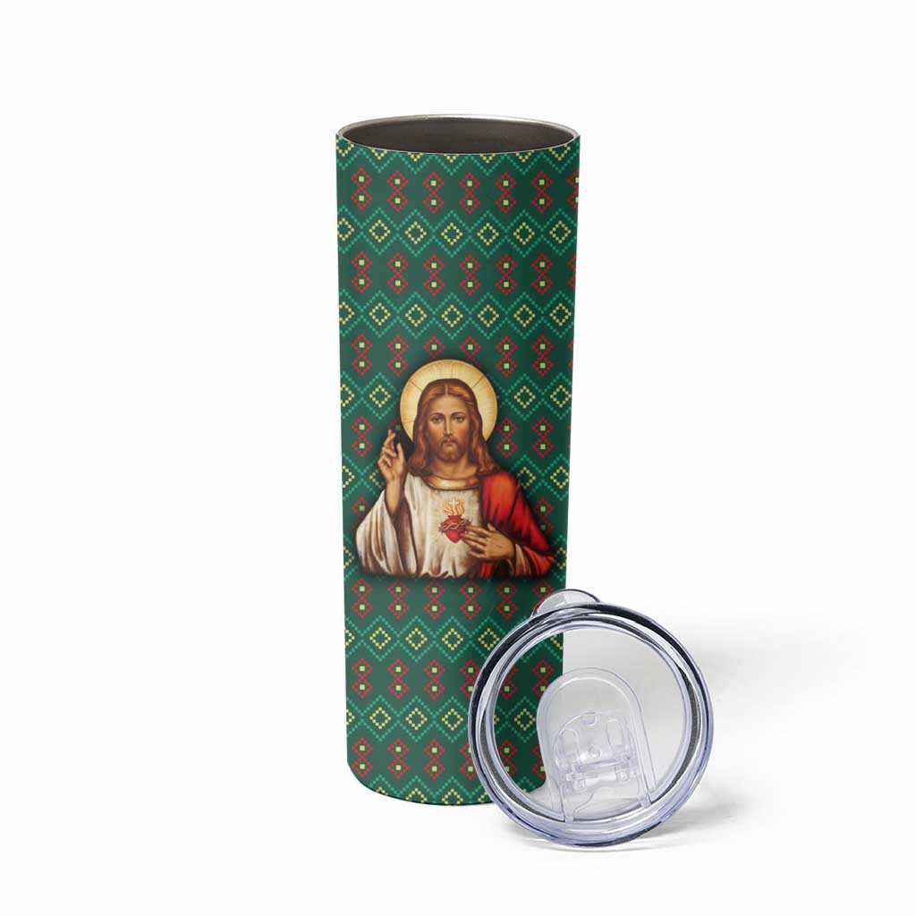 Sacred Heart Jesus Christmas Skinny Tumbler with Festive Green Knit Pattern - Wonder Print Shop