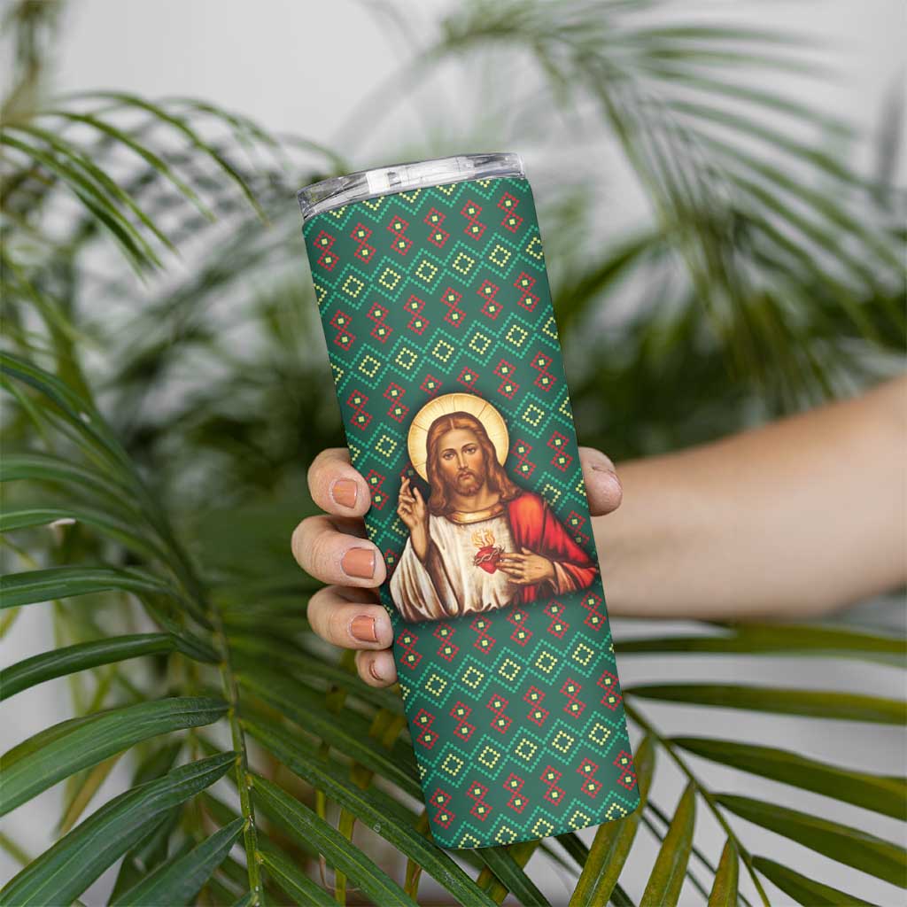 Sacred Heart Jesus Christmas Skinny Tumbler with Festive Green Knit Pattern - Wonder Print Shop