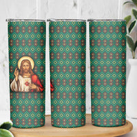 Sacred Heart Jesus Christmas Skinny Tumbler with Festive Green Knit Pattern - Wonder Print Shop