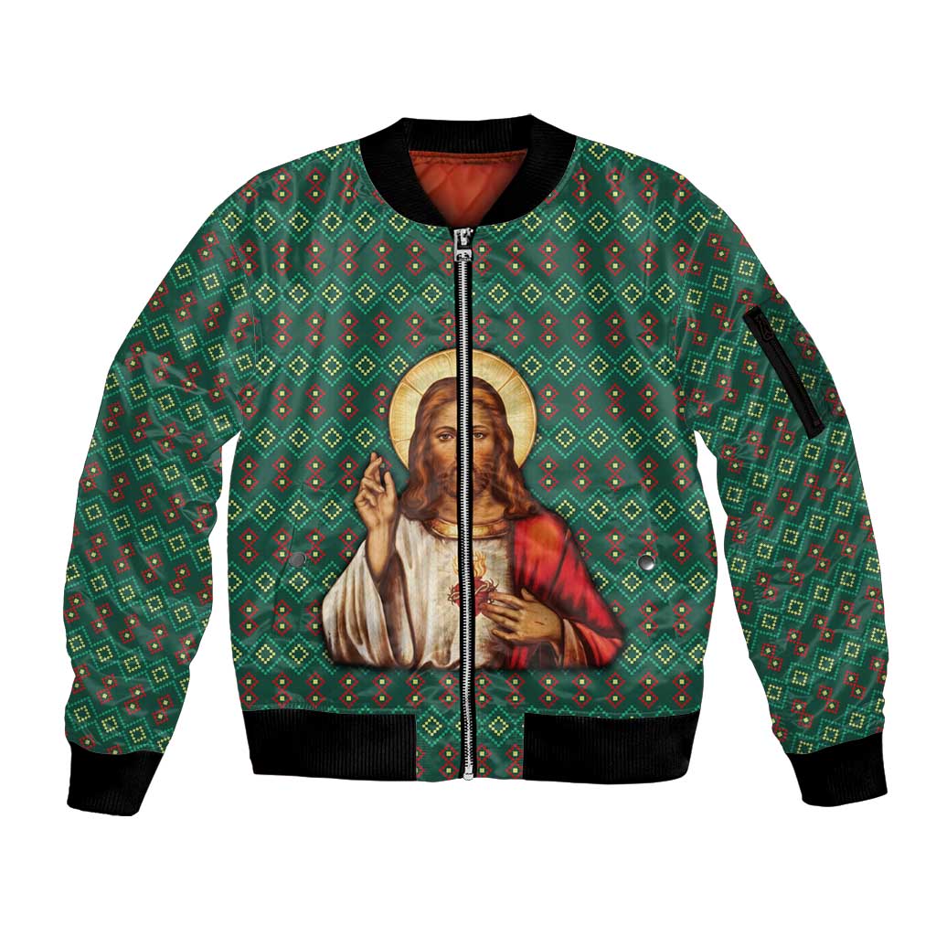 Sacred Heart Jesus Christmas Sleeve Zip Bomber Jacket with Festive Green Knit Pattern - Wonder Print Shop