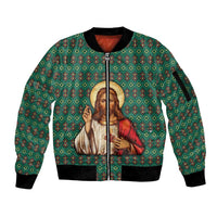Sacred Heart Jesus Christmas Sleeve Zip Bomber Jacket with Festive Green Knit Pattern - Wonder Print Shop