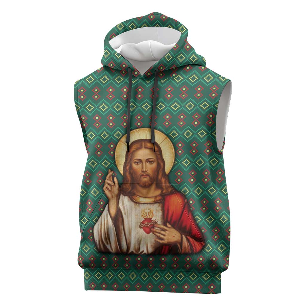 Sacred Heart Jesus Christmas Sleeveless Hoodie with Festive Green Knit Pattern - Wonder Print Shop