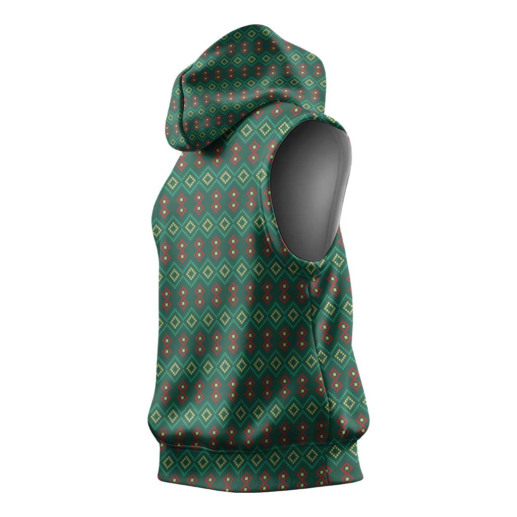 Sacred Heart Jesus Christmas Sleeveless Hoodie with Festive Green Knit Pattern - Wonder Print Shop