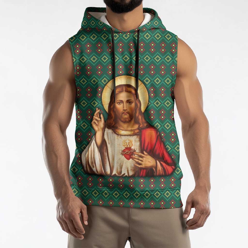 Sacred Heart Jesus Christmas Sleeveless Hoodie with Festive Green Knit Pattern - Wonder Print Shop