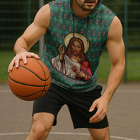 Sacred Heart Jesus Christmas Sleeveless Hoodie with Festive Green Knit Pattern - Wonder Print Shop
