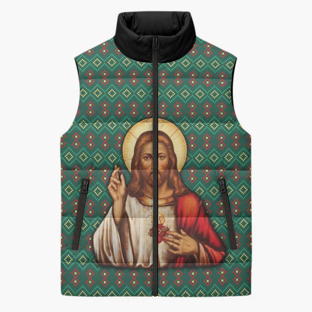 Sacred Heart Jesus Christmas Sleeveless Puffer Jacket with Festive Green Knit Pattern - Wonder Print Shop