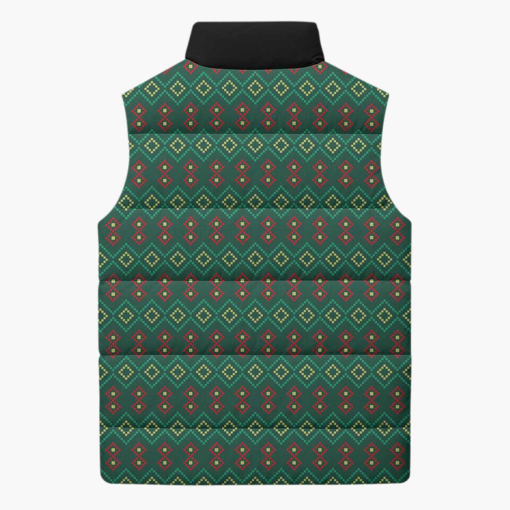 Sacred Heart Jesus Christmas Sleeveless Puffer Jacket with Festive Green Knit Pattern - Wonder Print Shop