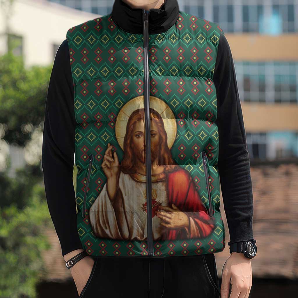 Sacred Heart Jesus Christmas Sleeveless Puffer Jacket with Festive Green Knit Pattern - Wonder Print Shop