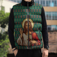 Sacred Heart Jesus Christmas Sleeveless Puffer Jacket with Festive Green Knit Pattern - Wonder Print Shop