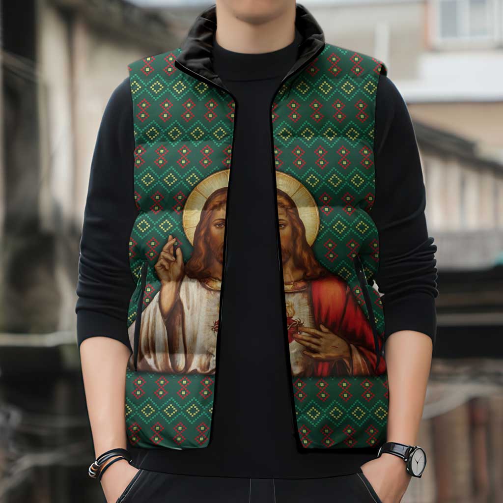 Sacred Heart Jesus Christmas Sleeveless Puffer Jacket with Festive Green Knit Pattern - Wonder Print Shop