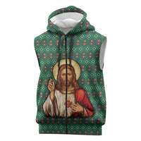 Sacred Heart Jesus Christmas Sleeveless Zip Hoodie with Festive Green Knit Pattern - Wonder Print Shop