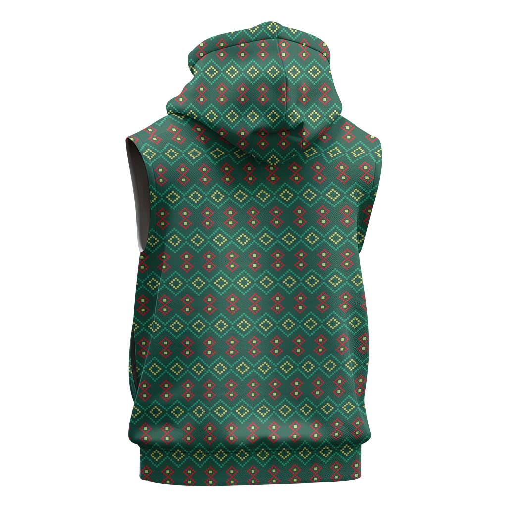 Sacred Heart Jesus Christmas Sleeveless Zip Hoodie with Festive Green Knit Pattern - Wonder Print Shop