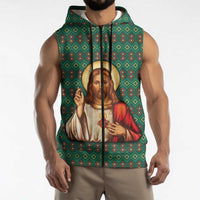Sacred Heart Jesus Christmas Sleeveless Zip Hoodie with Festive Green Knit Pattern - Wonder Print Shop