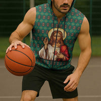 Sacred Heart Jesus Christmas Sleeveless Zip Hoodie with Festive Green Knit Pattern - Wonder Print Shop