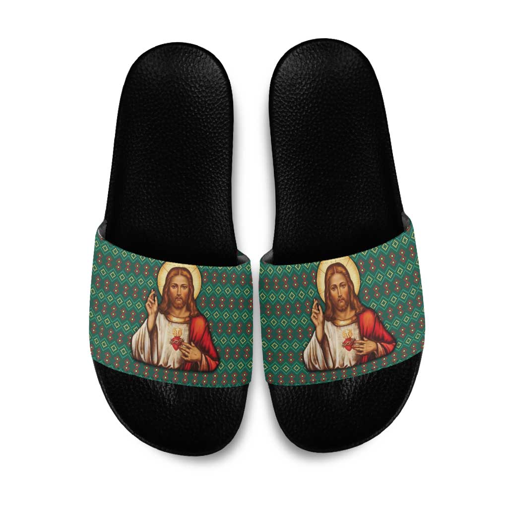 Sacred Heart Jesus Christmas Slide Sandals with Festive Green Knit Pattern - Wonder Print Shop