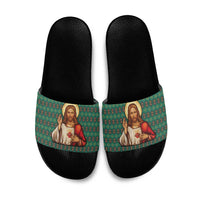 Sacred Heart Jesus Christmas Slide Sandals with Festive Green Knit Pattern - Wonder Print Shop