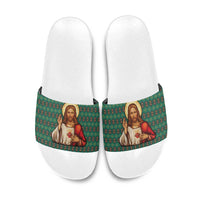 Sacred Heart Jesus Christmas Slide Sandals with Festive Green Knit Pattern - Wonder Print Shop