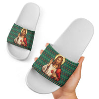 Sacred Heart Jesus Christmas Slide Sandals with Festive Green Knit Pattern - Wonder Print Shop