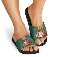 Sacred Heart Jesus Christmas Slide Sandals with Festive Green Knit Pattern - Wonder Print Shop
