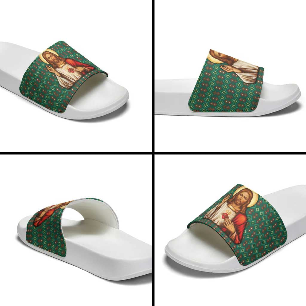 Sacred Heart Jesus Christmas Slide Sandals with Festive Green Knit Pattern - Wonder Print Shop