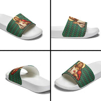Sacred Heart Jesus Christmas Slide Sandals with Festive Green Knit Pattern - Wonder Print Shop