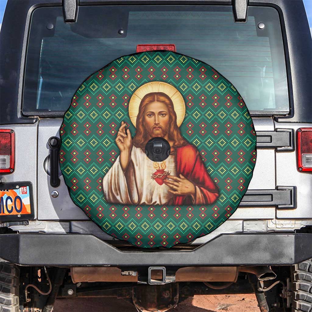 Sacred Heart Jesus Christmas Spare Tire Cover with Festive Green Knit Pattern - Wonder Print Shop