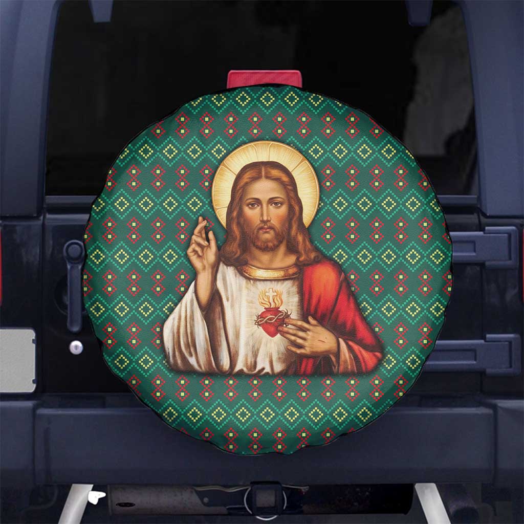 Sacred Heart Jesus Christmas Spare Tire Cover with Festive Green Knit Pattern - Wonder Print Shop