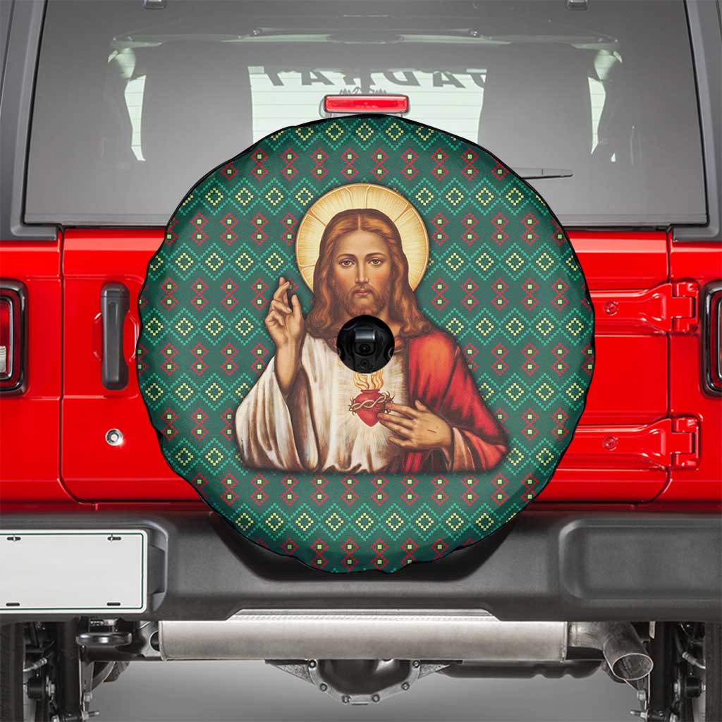 Sacred Heart Jesus Christmas Spare Tire Cover with Festive Green Knit Pattern - Wonder Print Shop
