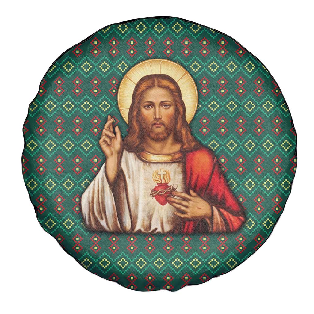 Sacred Heart Jesus Christmas Spare Tire Cover with Festive Green Knit Pattern - Wonder Print Shop