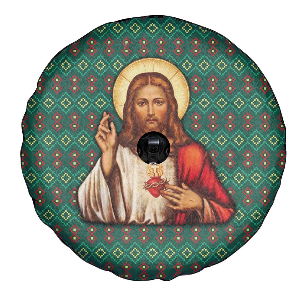 Sacred Heart Jesus Christmas Spare Tire Cover with Festive Green Knit Pattern - Wonder Print Shop
