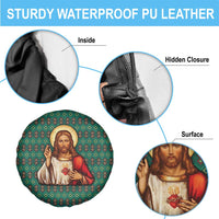Sacred Heart Jesus Christmas Spare Tire Cover with Festive Green Knit Pattern - Wonder Print Shop