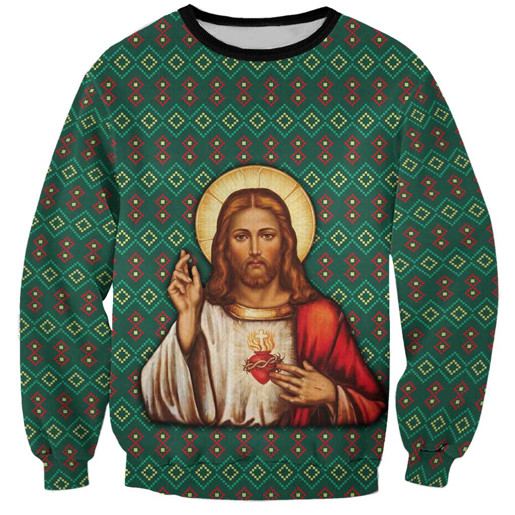 Sacred Heart Jesus Christmas Sweatshirt with Festive Green Knit Pattern - Wonder Print Shop