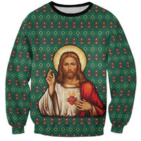 Sacred Heart Jesus Christmas Sweatshirt with Festive Green Knit Pattern - Wonder Print Shop