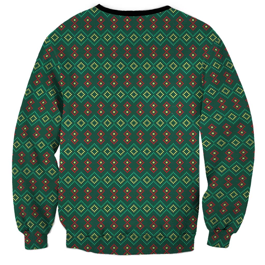 Sacred Heart Jesus Christmas Sweatshirt with Festive Green Knit Pattern - Wonder Print Shop