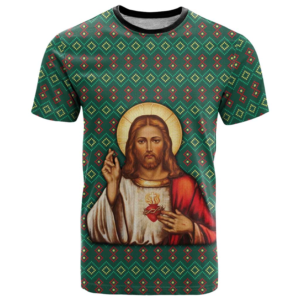 Sacred Heart Jesus Christmas T Shirt with Festive Green Knit Pattern - Wonder Print Shop
