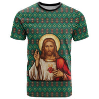 Sacred Heart Jesus Christmas T Shirt with Festive Green Knit Pattern - Wonder Print Shop
