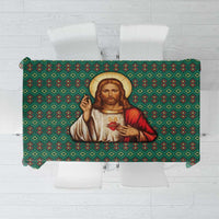 Sacred Heart Jesus Christmas Tablecloth with Festive Green Knit Pattern - Wonder Print Shop